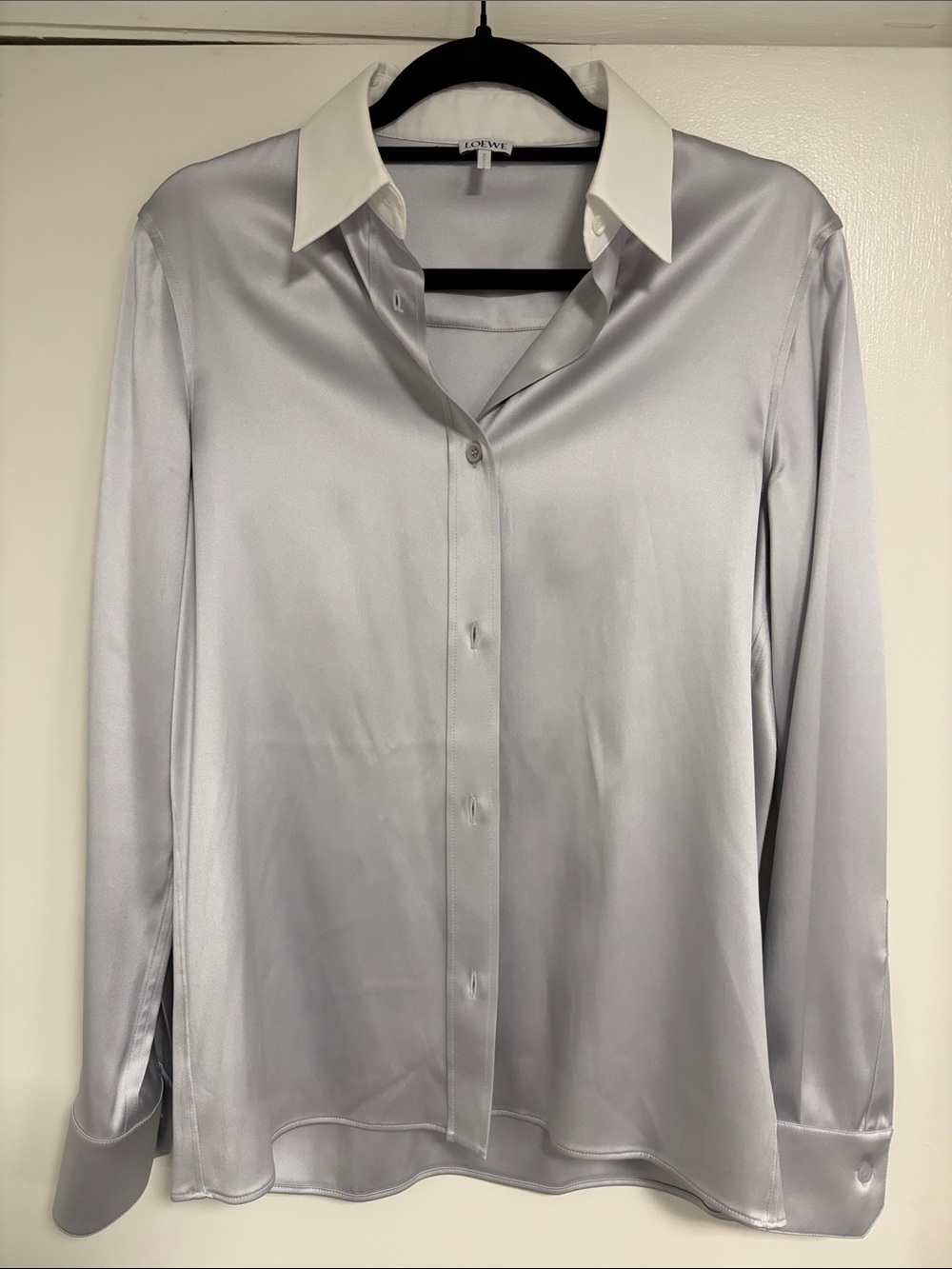 LOEWE Women’s Silver Silk Shirt with White Collar size 36